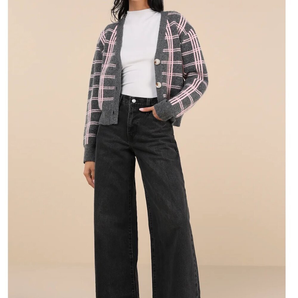 Lulus Ideal Crush Charcoal Grey And Pink Plaid Cardigan - Size L - Picture 2 of 4